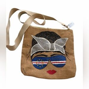 Beige Burlap Crossbody Bag with Sunglasses Face Motif